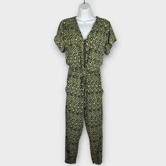 Corey Lynn Calter Short Sleeve Jumpsuit Size XS Green Tan Aztec Batik Summer - Picture 1 of 8